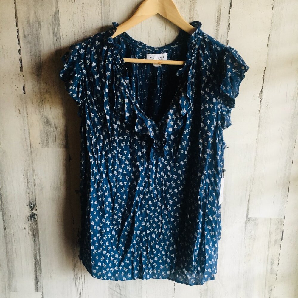 NWT Velvet by Graham Spencer Tirion Blouse Flutter Cap Sleeve Teal Blue XXL